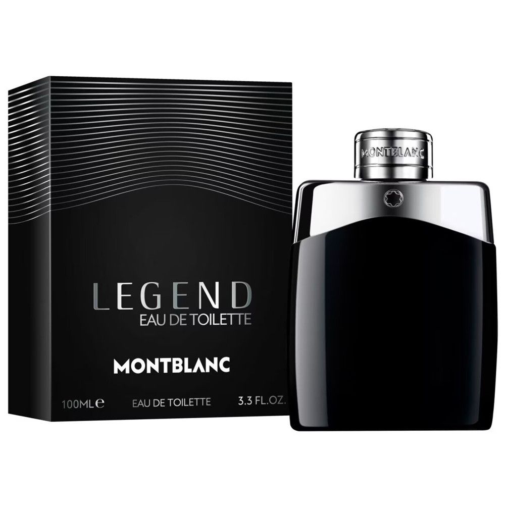Schwarzer Flakon mit silberner Kappe und Verpackung. Aufschrift: LEGEND, MONTBLANC. Eau de Toilette.