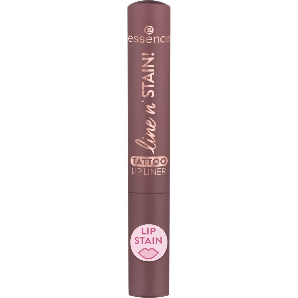 Lippenstift, braun. Schriftzug: line n' stain!, Tattoo Lip Liner, Lip Stain. Marke: essence.