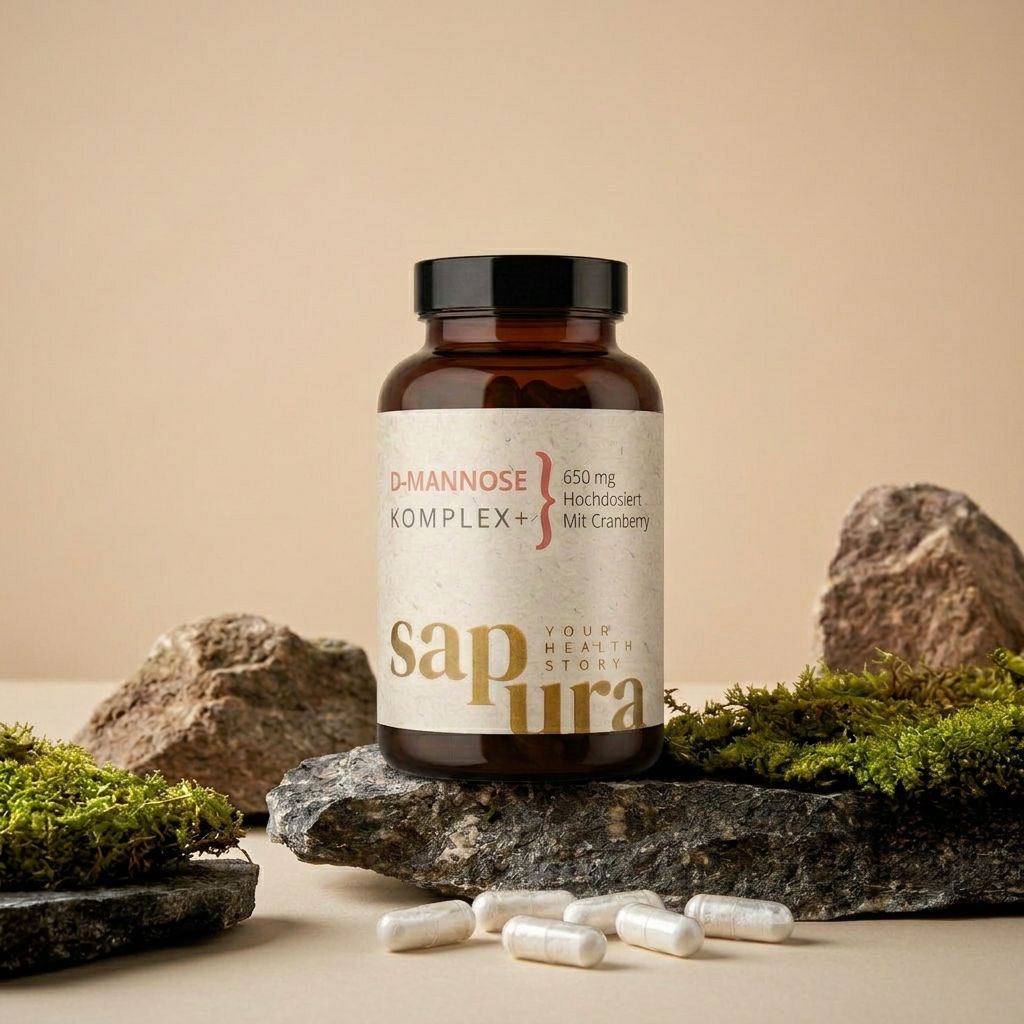 Braune Glasflasche mit Etikett und Kapseln. Aufschrift: D-Mannose Komplex+, 650mg, Mit Cranberry, sapura health.