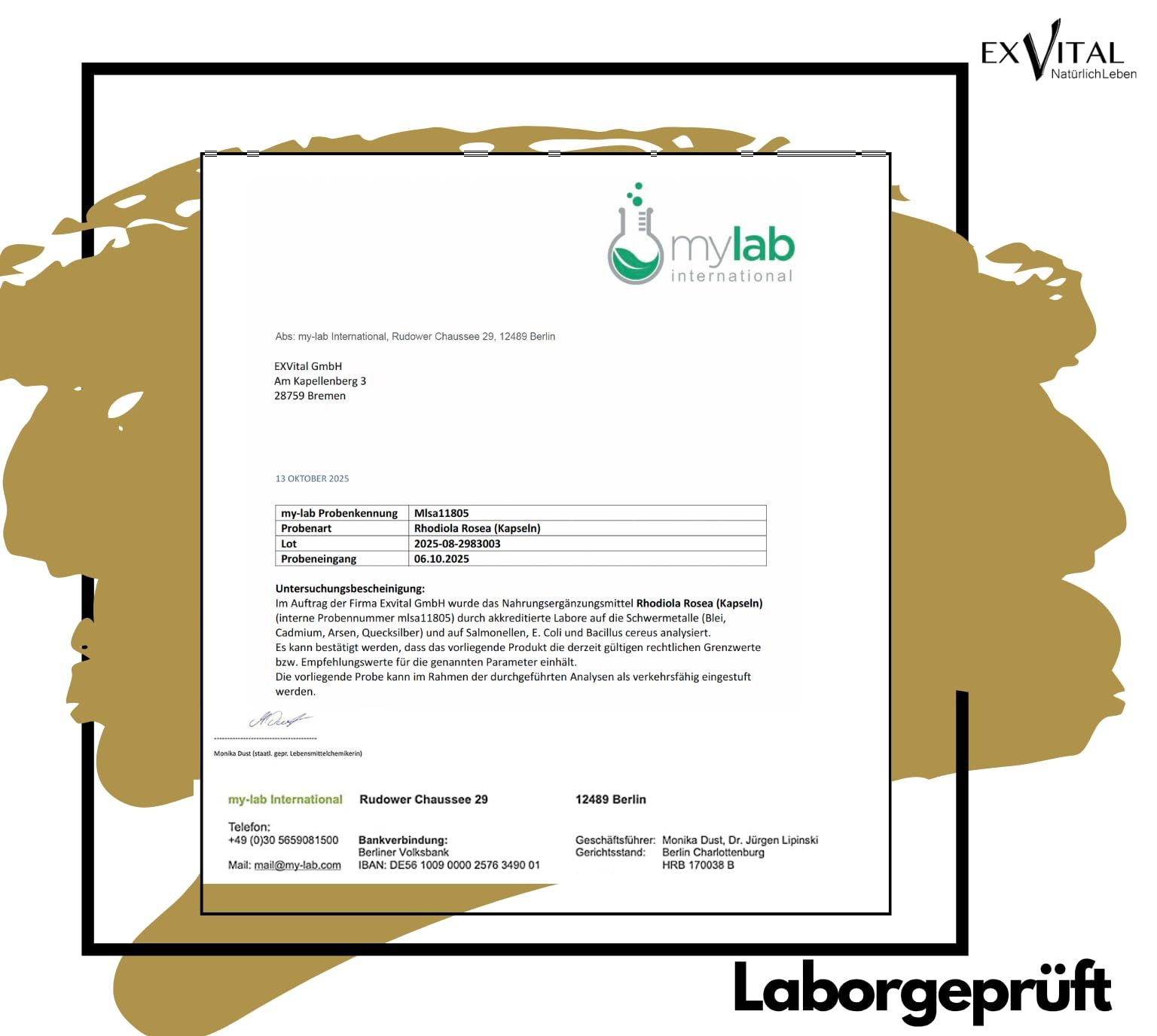 Laborbericht von mylab international. Analyse von Rhodiola Rosea Kapseln. Enthält Informationen zu Proben, Ergebnissen und Analysen.