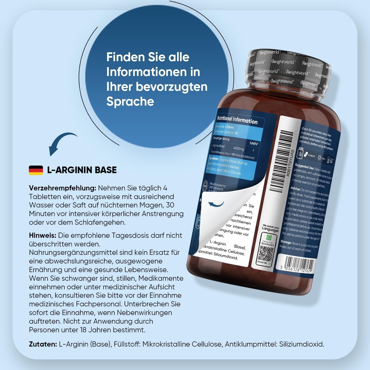 Flasche L-Arginin Base mit geöffnetem Etikett. Text: Einnahmeempfehlung, Zutaten. Hintergrund: blau.