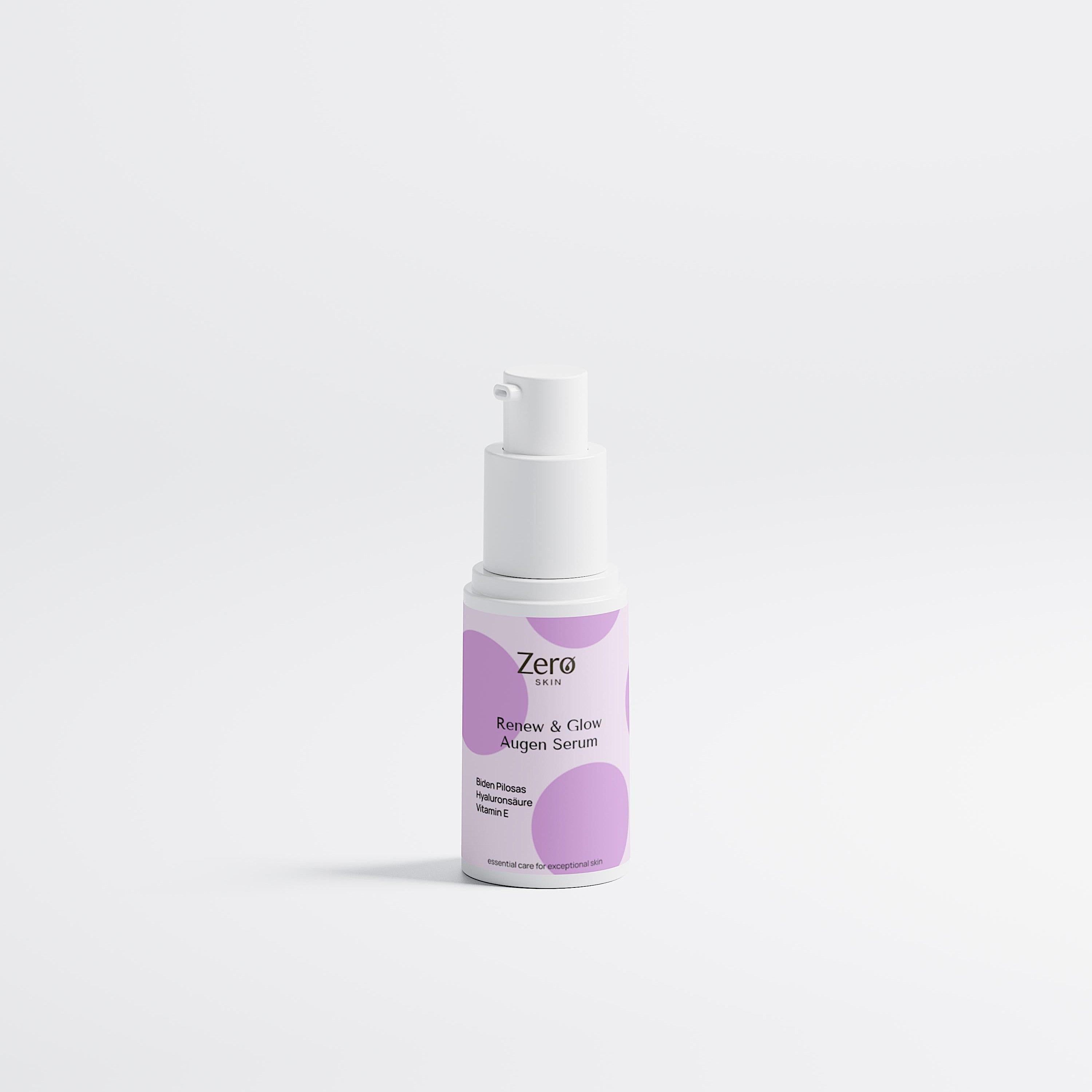 Weiße Pumpspenderflasche mit lila Muster und der Aufschrift "Zero Skin Renew & Glow Augen Serum".