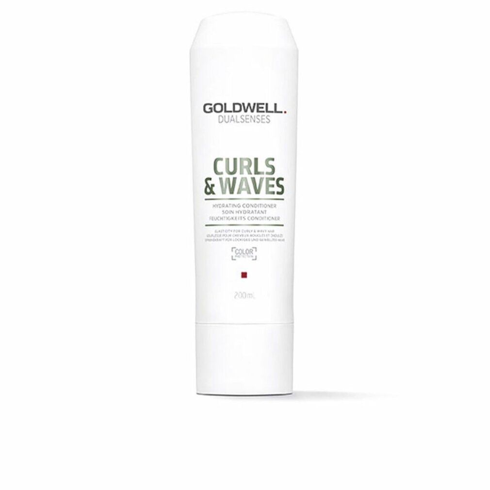 Weiße Flasche mit Goldwell Dualsenses Curls & Waves Aufschrift. Hydrating Conditioner. Roter Punkt unten.