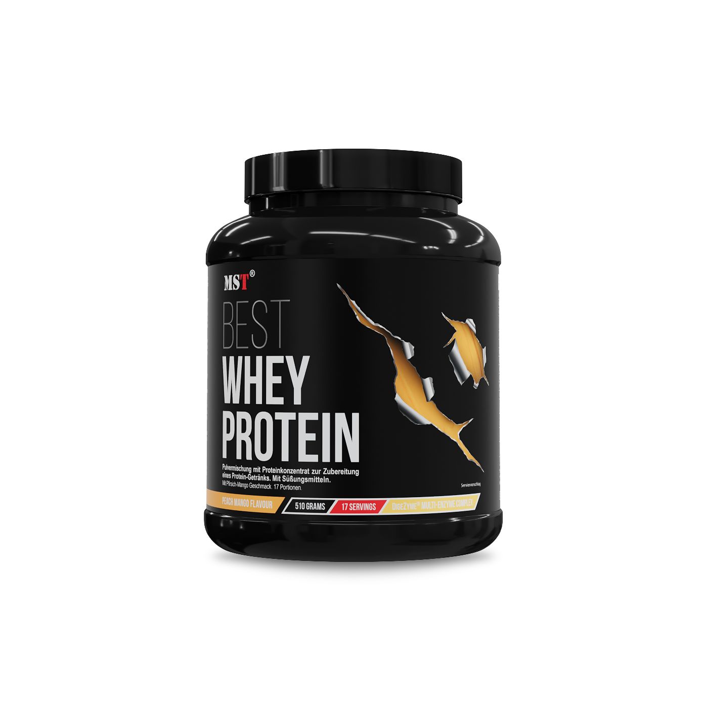 Schwarzer Behälter mit MST Best Whey Protein Aufschrift und goldenen Kratzern. 500g.