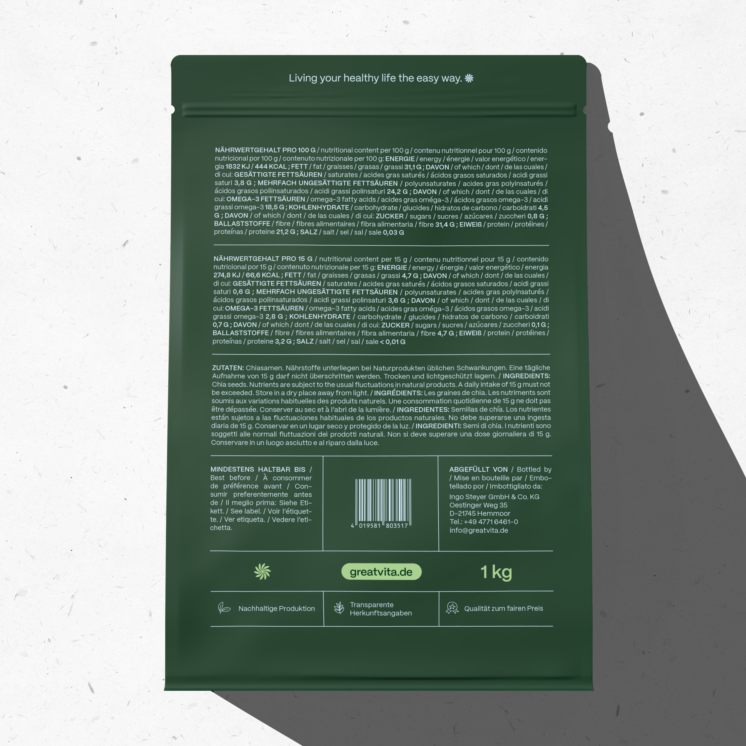 Grüne Verpackung mit Text und Nährwertangaben. Enthält Chia Samen. 1 kg Packung. Rückseite mit Barcode und Logo.