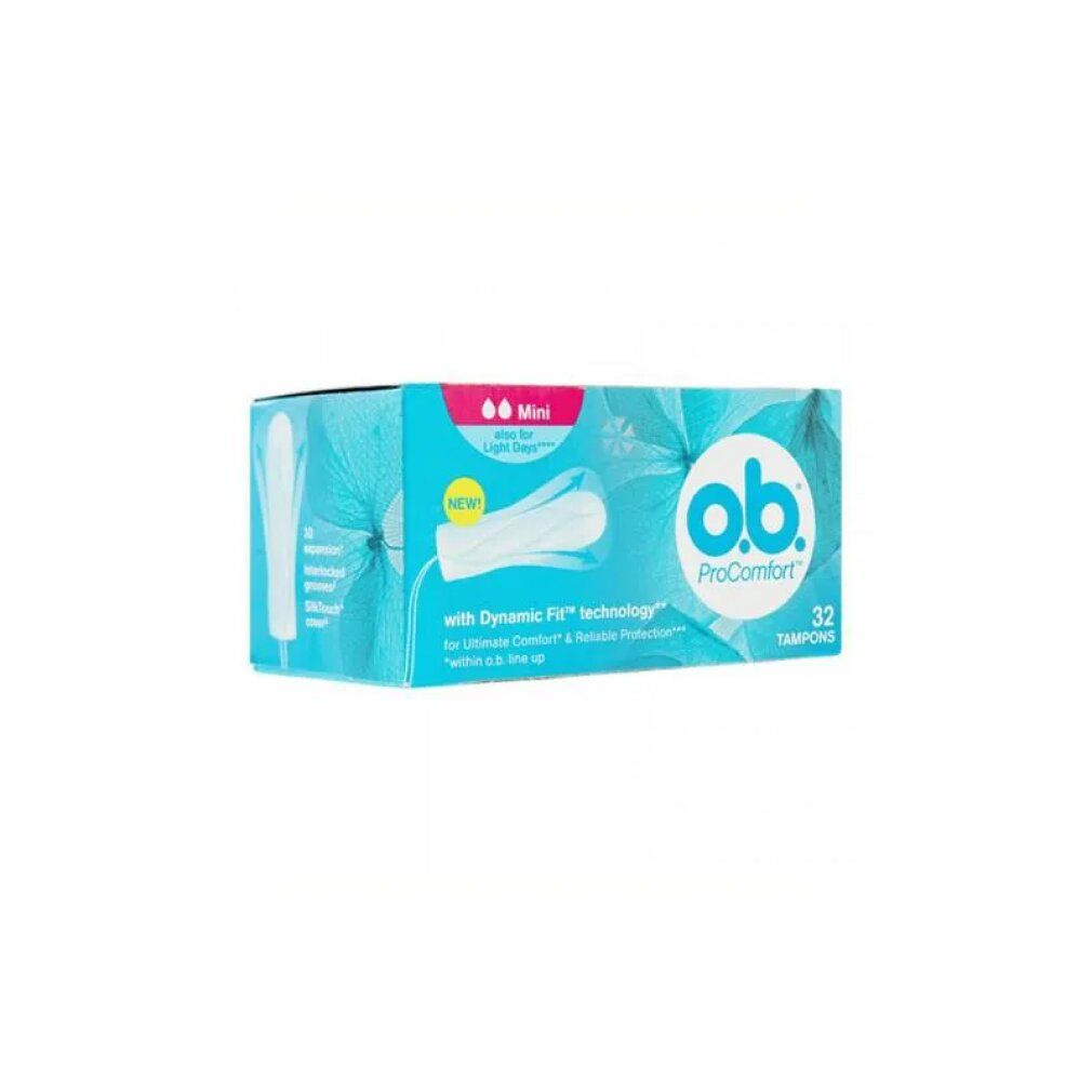 Packung O.B. ProComfort Mini Tampons. 32 Stück. Blaue Verpackung mit Produktabbildung und Schriftzug.