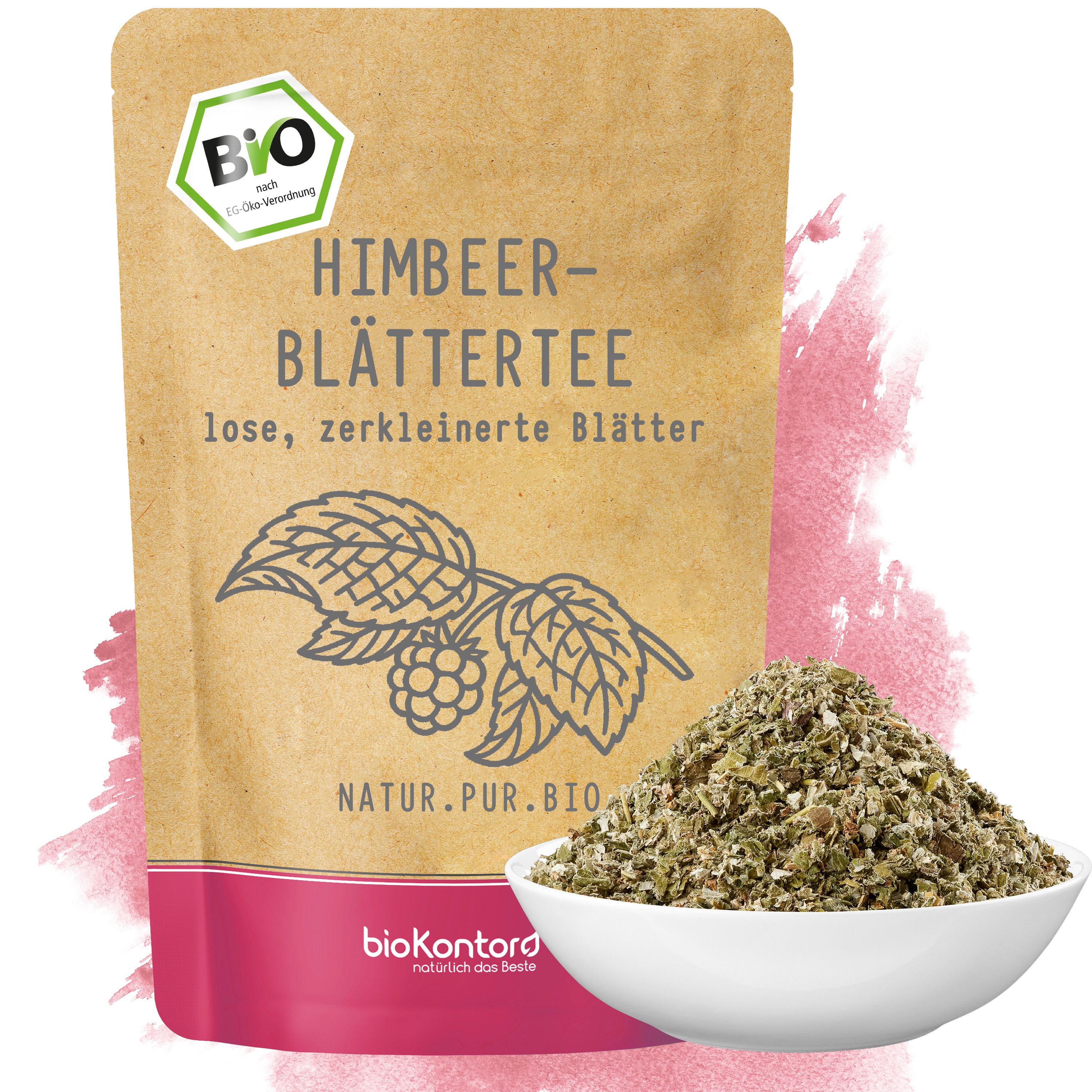 Bio-Himbeerblättertee, lose, zerkleinerte Blätter im Beutel mit Schale getrockneter Blätter daneben.