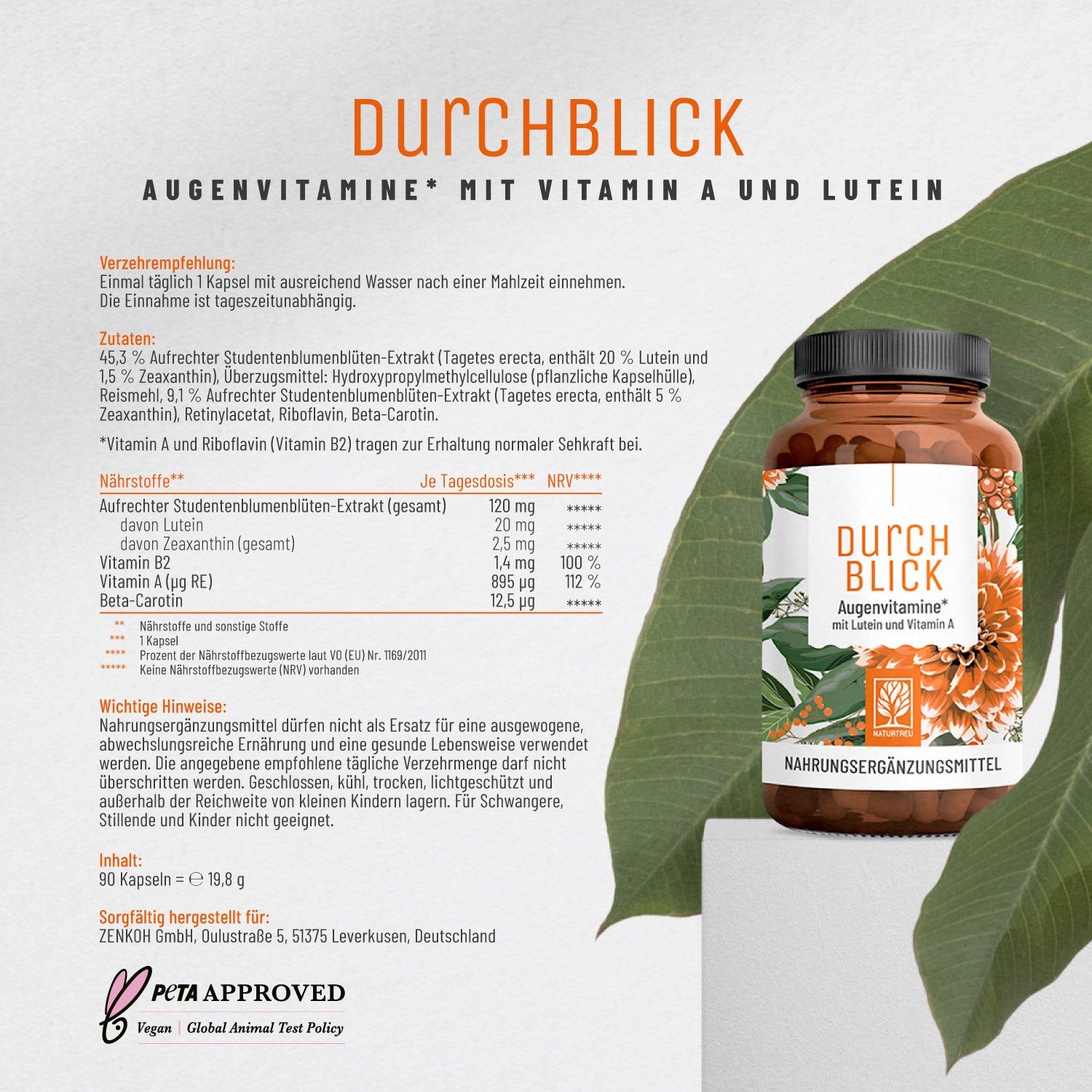 Augenvitamine - Lutein Zeaxanthin Komplex mit Beta Carotin & Vitamin A - Durchblick - NATURTREU®