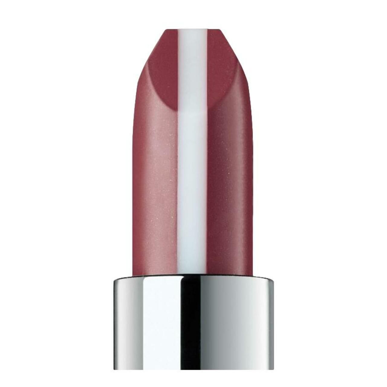 Nahaufnahme eines Lippenstifts. Der Lippenstift hat eine rote Farbe mit einem weißen Streifen in der Mitte. Silberne Hülse.