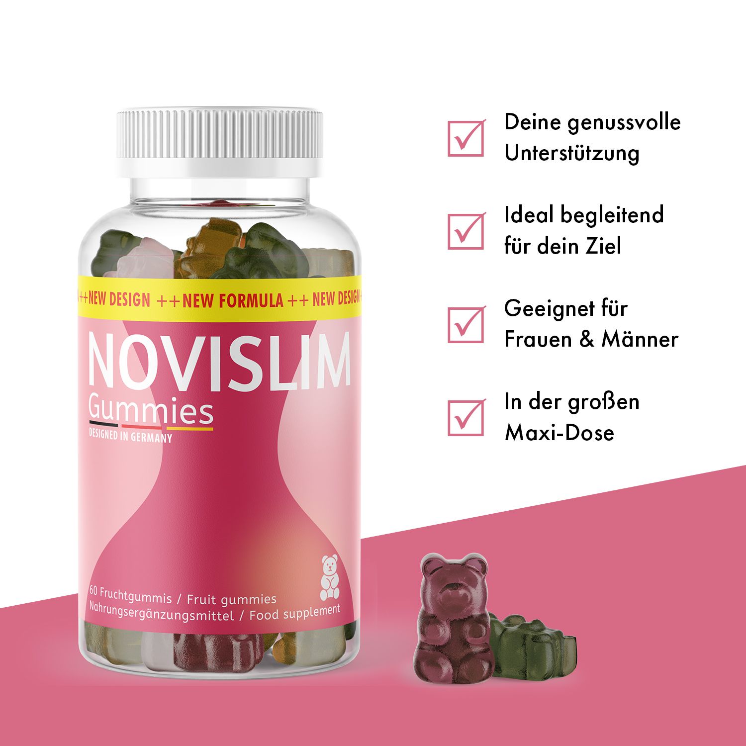Flasche Novislim Gummies mit Text. Gummibärchen daneben. Text: Deine genussvolle Unterstützung, ideal für dein Ziel.