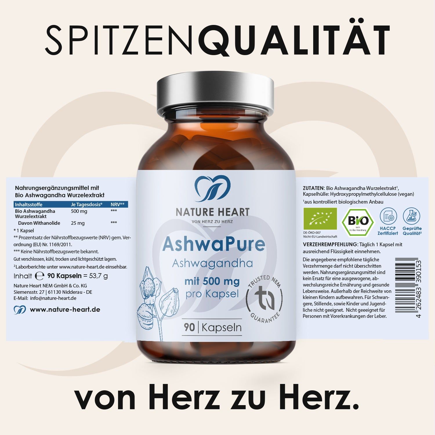 Produktetikett mit Text: AshwaPure, 90 Kapseln, 500 mg pro Kapsel, Nature Heart Logo, Inhaltsstoffe, Zertifizierungen.