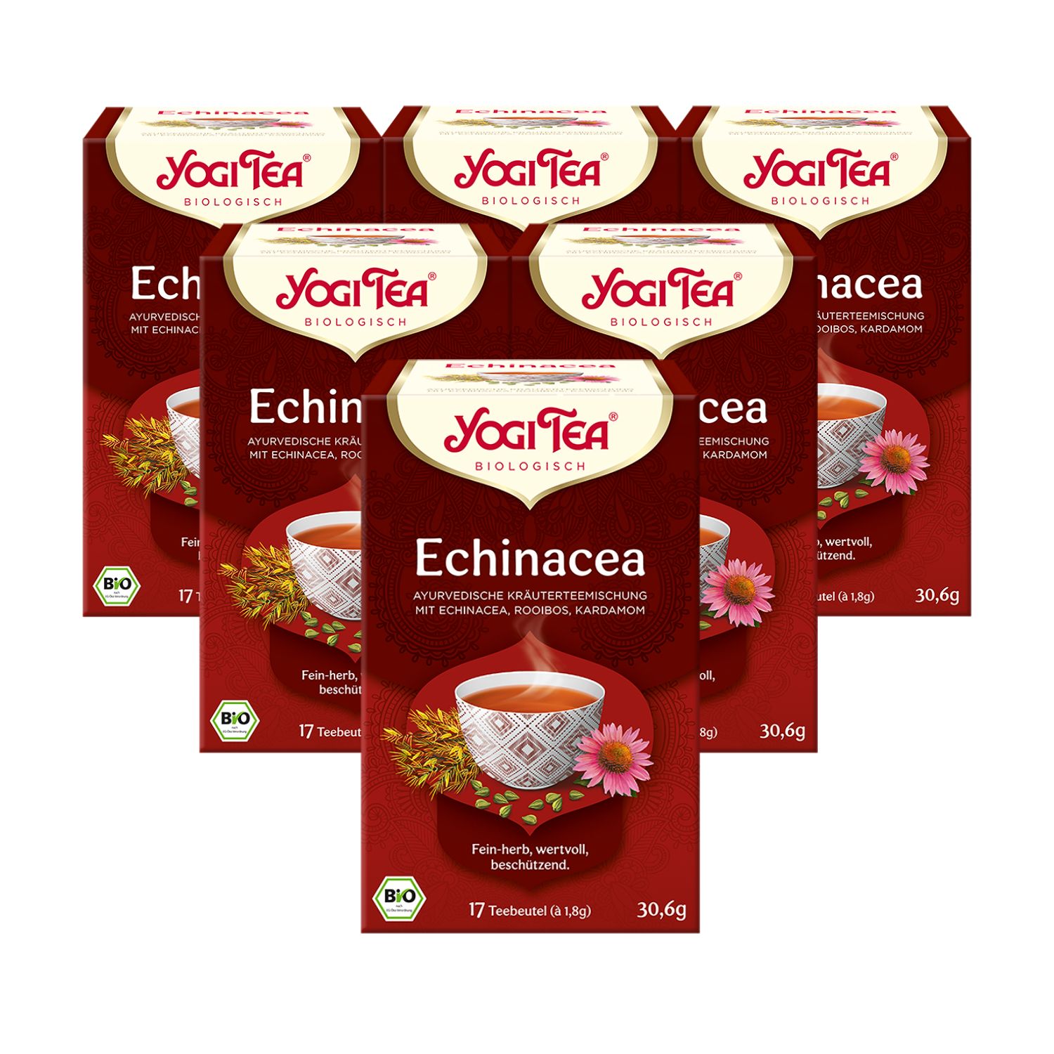 Mehrere Packungen Yogi Tea Echinacea Bio Kräutertee. Rote Verpackung mit Logo und Produktbezeichnung. Bio-Siegel.