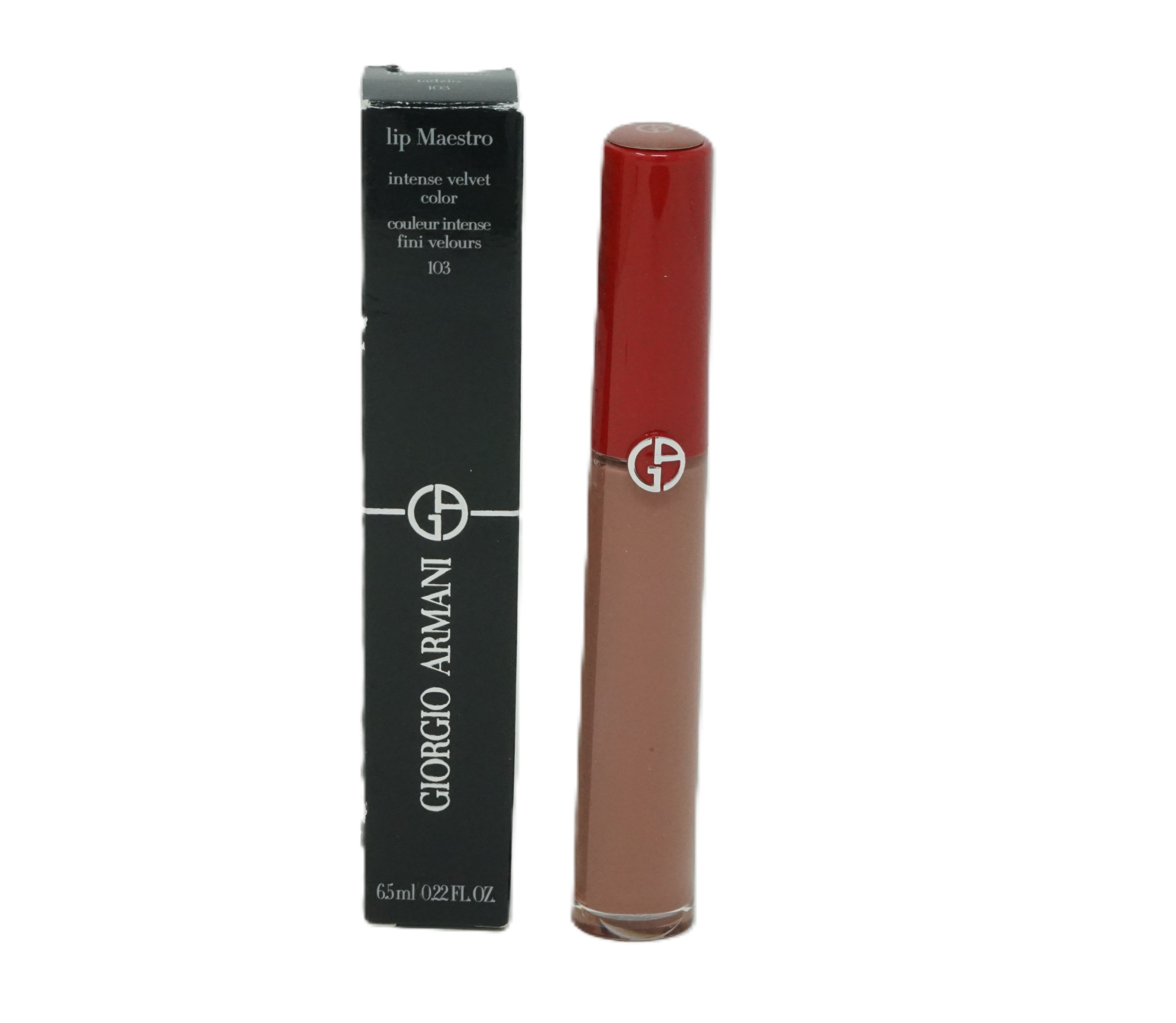 Lippenstift mit rotem Deckel und schwarzer Verpackung. Giorgio Armani Logo und Produktbezeichnung sichtbar.