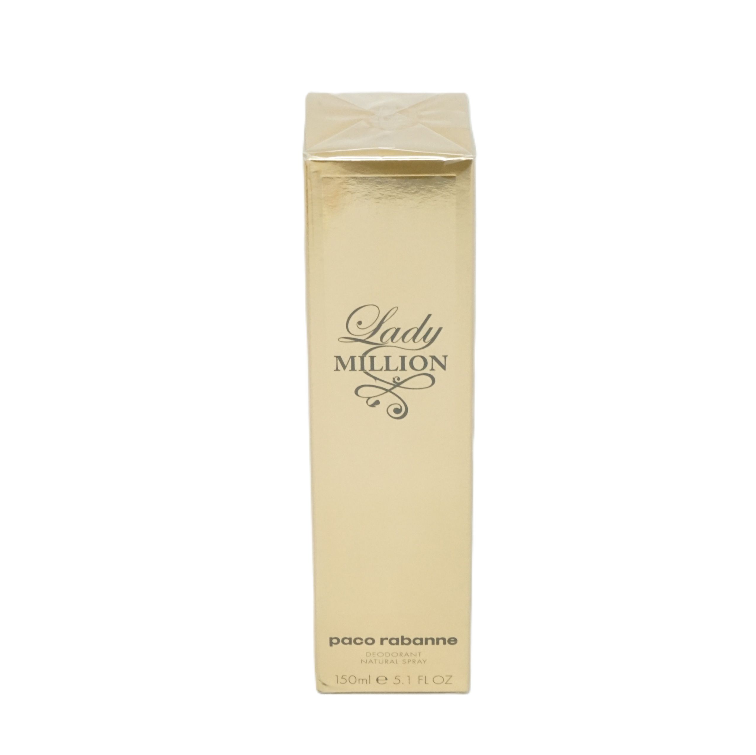 Goldfarbene Verpackung von Lady Million Deodorant Spray. Aufschrift: Lady Million, Paco Rabanne, 150ml.