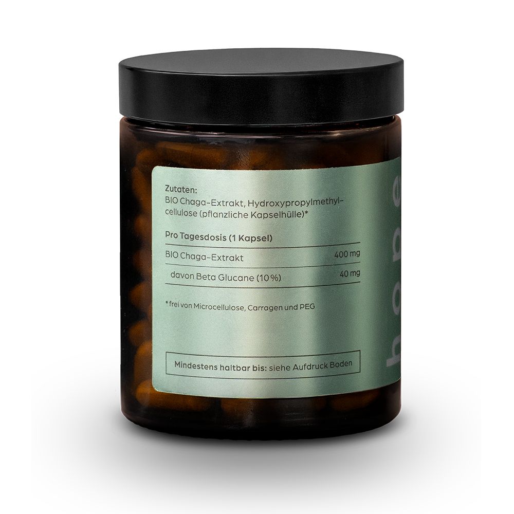 Braune Glasdose mit Kapseln. Aufkleber mit Inhaltsangaben. Schwarzer Deckel. Hintergrund weiß.