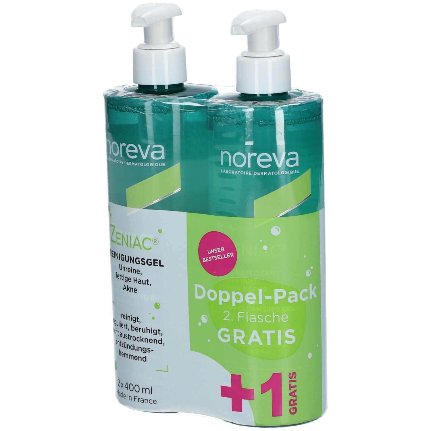 Doppelpack noreva Zeniac Reinigungsgel. Zwei Flaschen mit Pumpverschluss, in Folie verpackt. Aufdrucke: Zeniac, Doppel-Pack, Gratis.