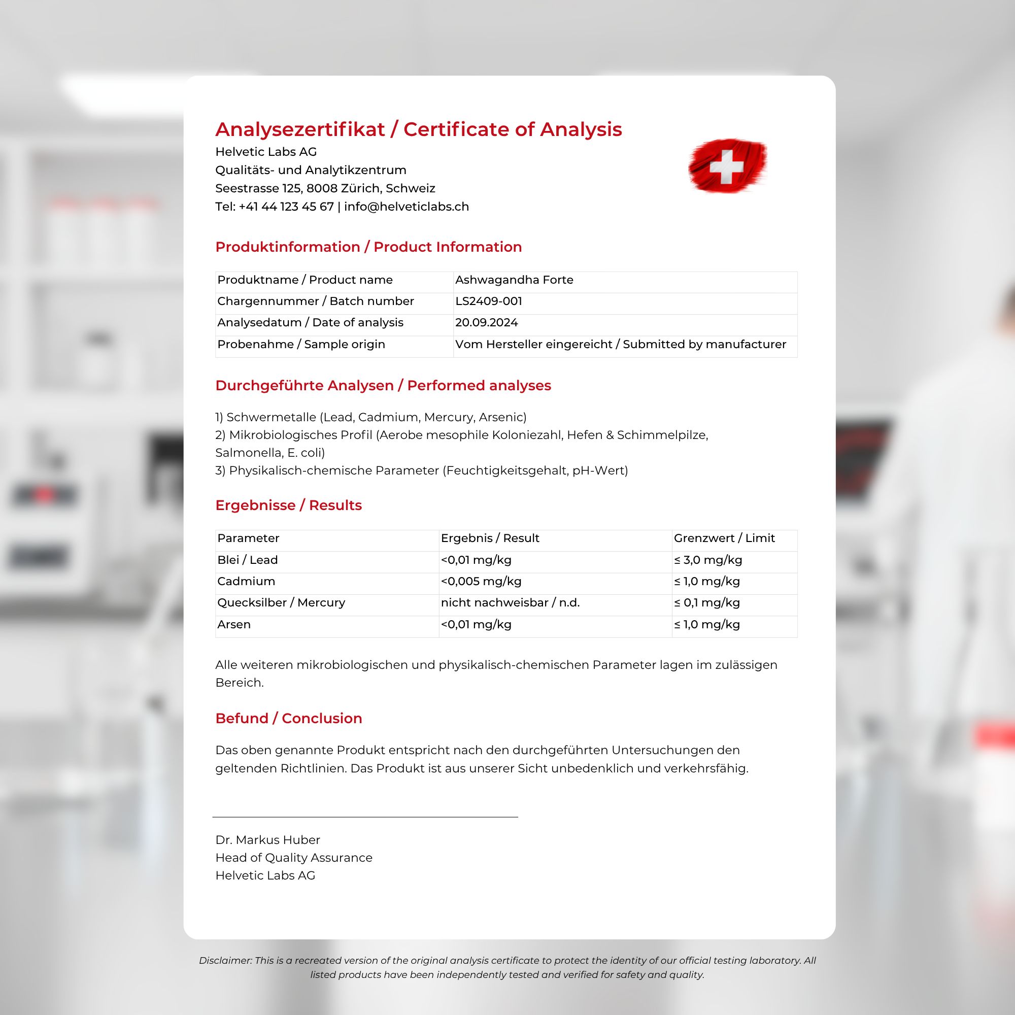Analyse-Zertifikat. Text: Ashwagandha Forte. Ergebnisse: Schwermetalle, mikrobiologisches Profil, Parameter.