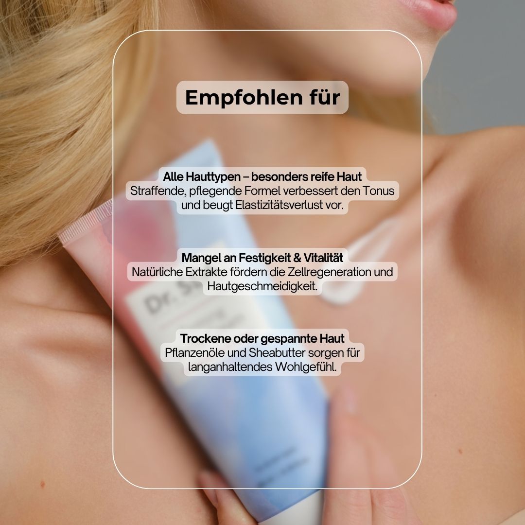 Körpercreme-Tube vor einem Dekolleté. Text: Dr. SEA, Firming Body Cream, Granatapfel & Ingwer. Empfohlen für...