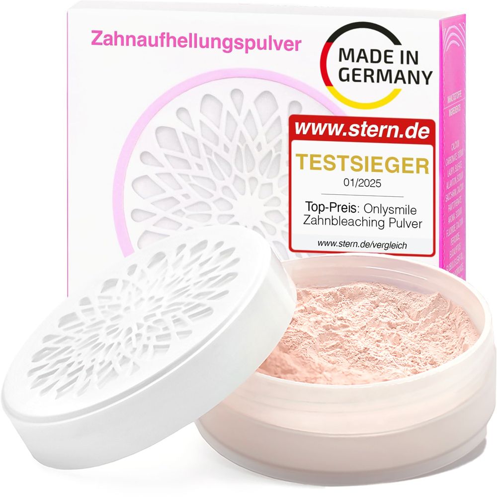 Zahnaufhellungspulver in Dose mit Deckel. Verpackung mit Logo und Auszeichnungen. Made in Germany.