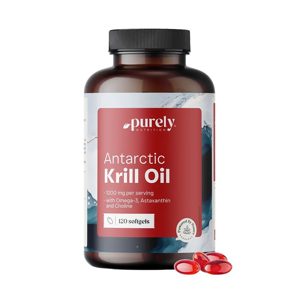 Braune Flasche mit rotem Etikett. Aufschrift: Antarctic Krill Oil, 120 Softgels. Einige Kapseln liegen daneben.
