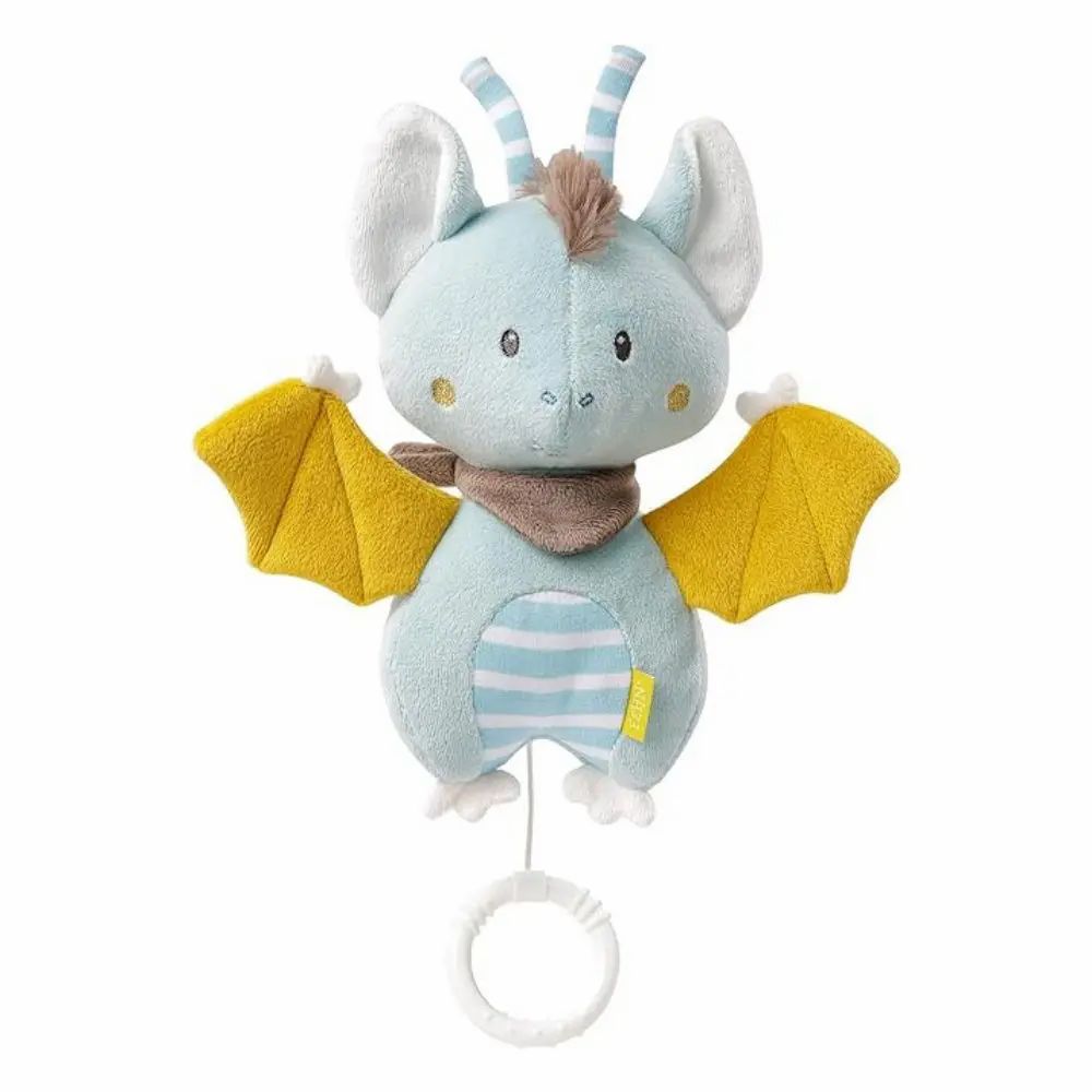 Blau-gelbe Fledermaus-Spieluhr mit weißen Ohren und Flügeln. Mit Zugring.
