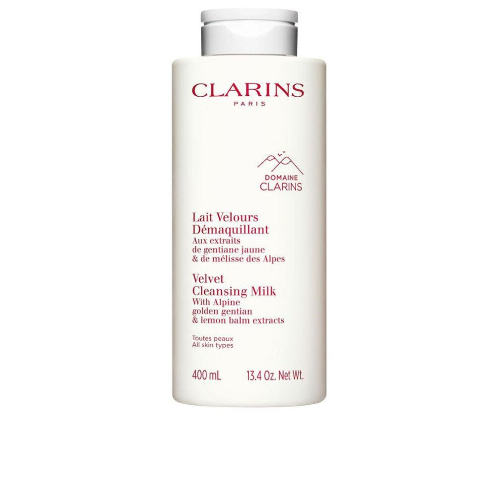 Weiße Flasche mit roter Schrift. Text: Clarins Paris, Lait Velours Démaquillant, Velvet Cleansing Milk. 400 ml.