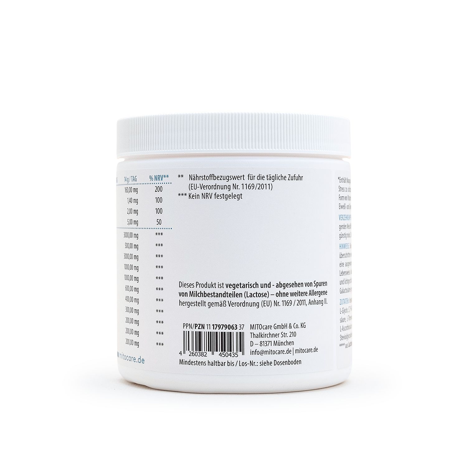 Rückseite der MITOcare Aminosäuren Night & Recovery Dose mit Nährwertangaben und Produktinformationen.