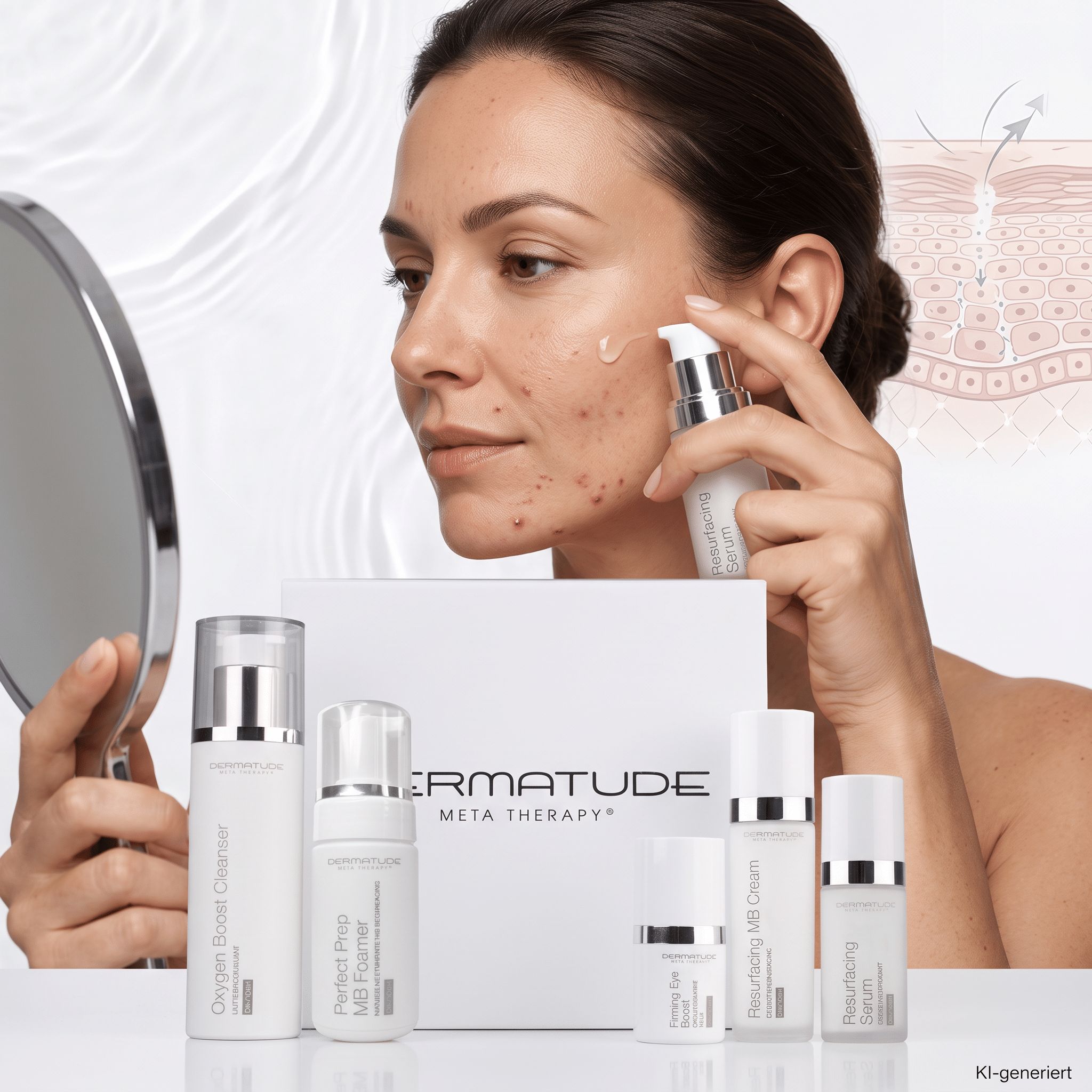 Frau mit Hautproblemen trägt Serum auf. Mehrere Hautpflegeprodukte stehen davor.
