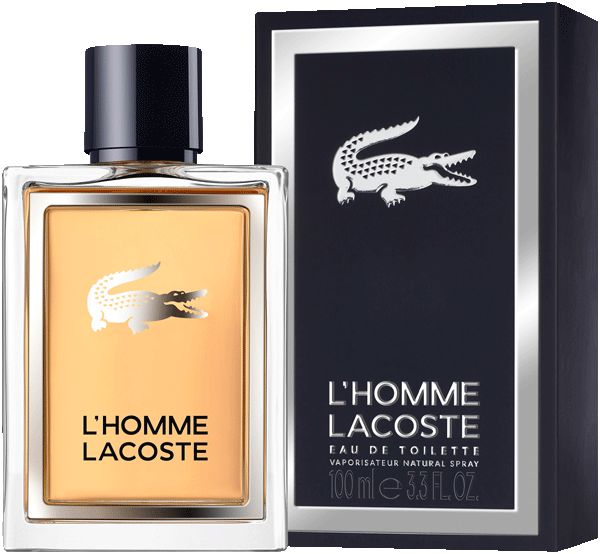 Flakon und Verpackung von L'Homme Lacoste. Rechteckiger Flakon mit goldenem Inhalt und Krokodil-Logo. Schwarze Verpackung.