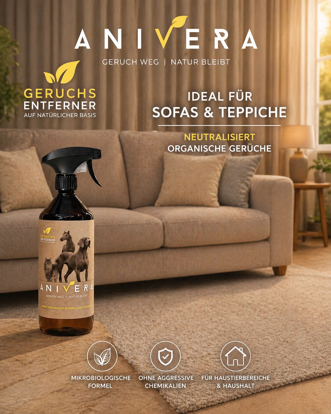 ANIVERA-Sprühflasche vor Sofa und Teppich. Text: Geruchsentferner, ideal für Sofas & Teppiche, neutralisiert organische Gerüche.
