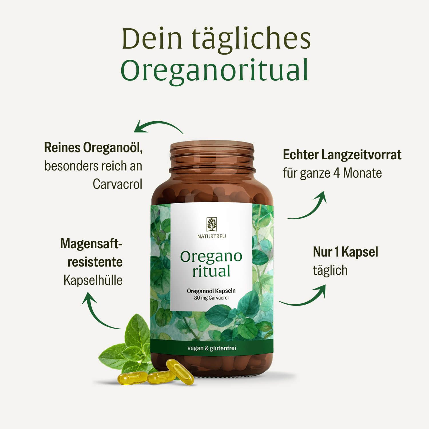 NATURTREU Oregano ritual Kapseln: Braunglasflasche mit detaillierten Produktinformationen und Oreganoblättern.