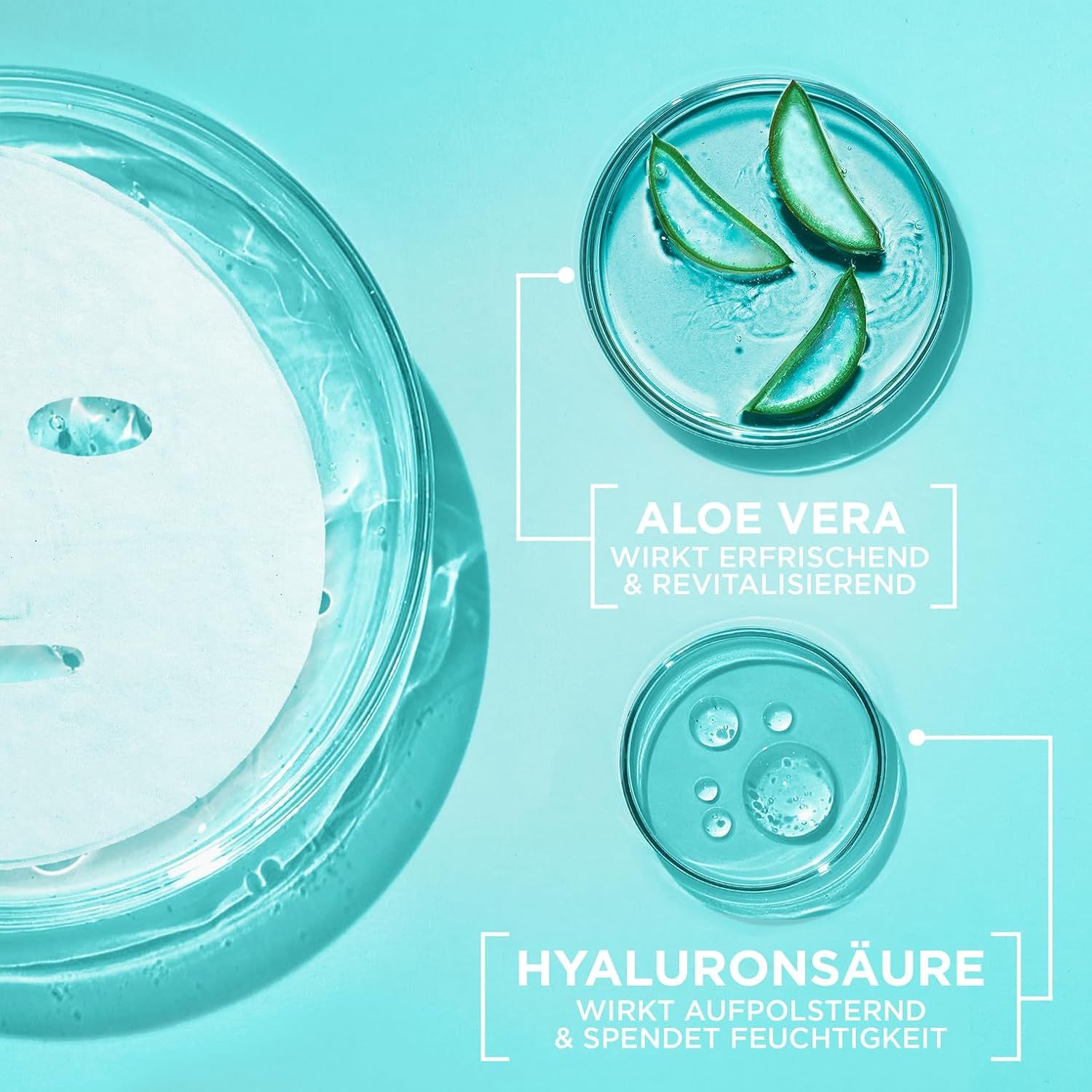 Nahaufnahme von Aloe Vera und Hyaluronsäure. Aufhellende Wirkung und Feuchtigkeit spendend.