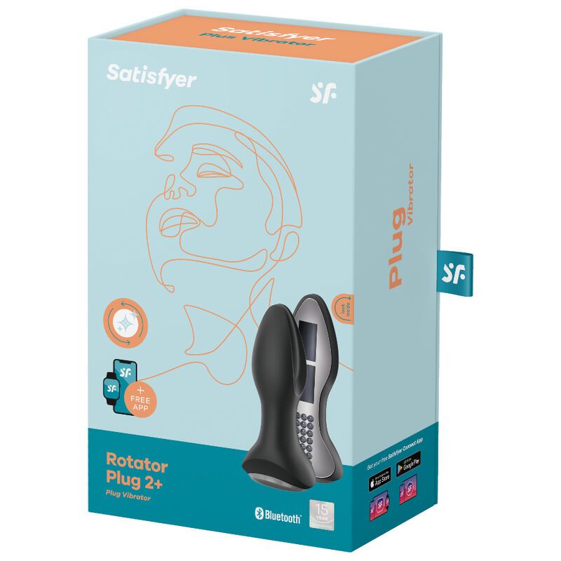 Verpackung mit Produktabbildung. Aufschrift: Satisfyer, Rotator Plug 2+, Plug Vibrator. Bluetooth-Logo.