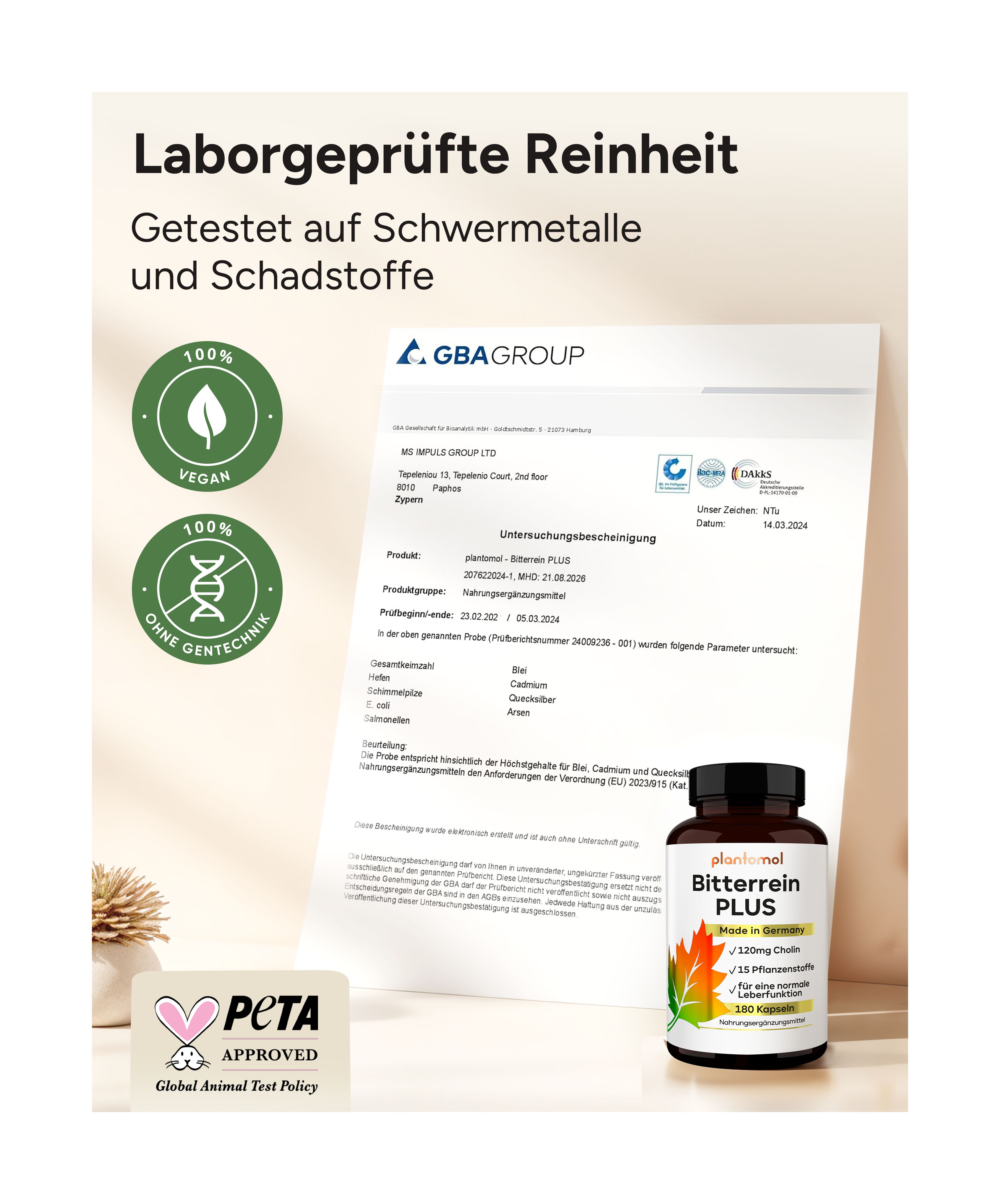 Zertifizierungsdokumente und Flasche plantomol Bitterrein PLUS. Vegan, ohne Gentechnik, PETA-Approved.