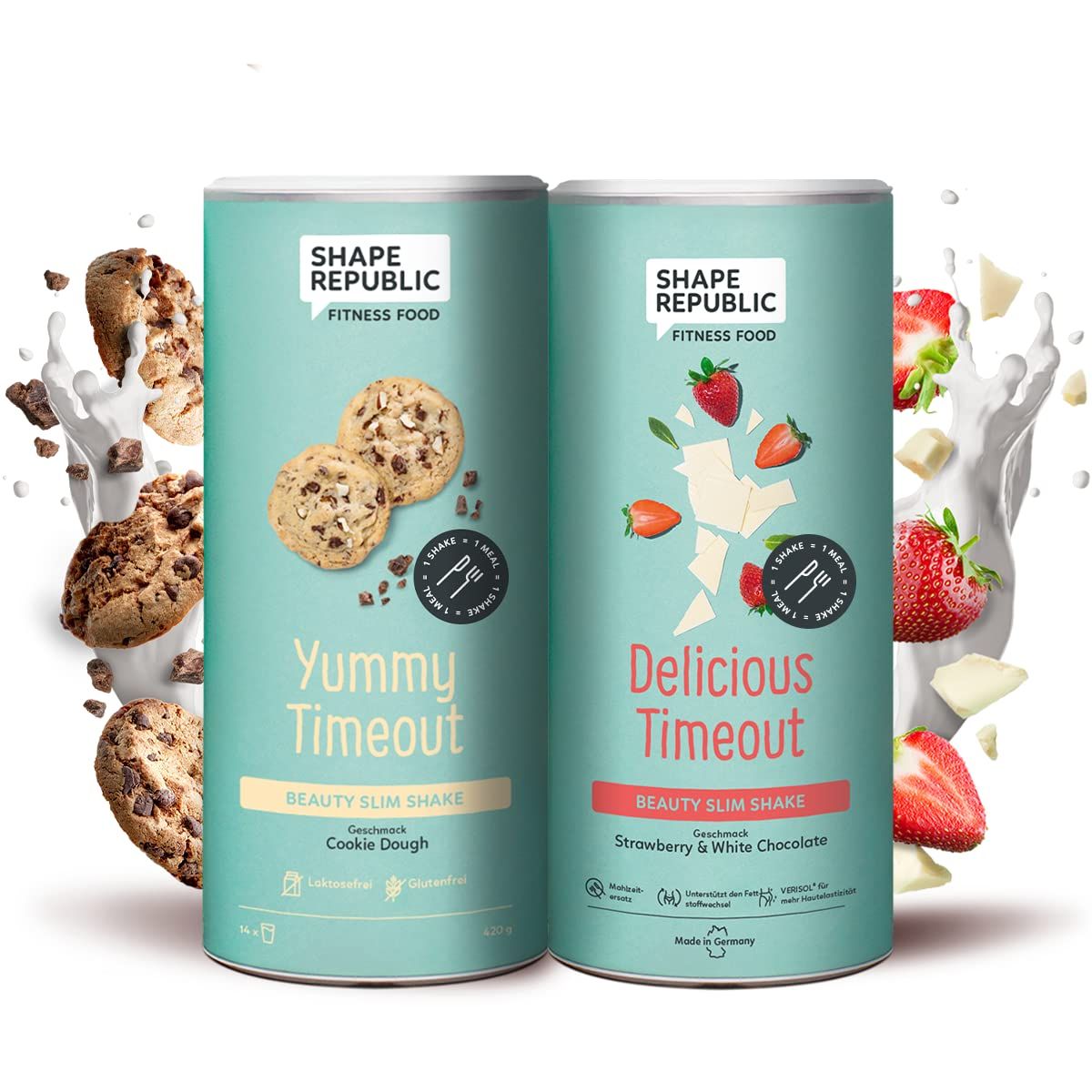 Zwei Dosen Shape Republic Slim Shake. Eine mit Cookie Dough, die andere mit Erdbeer-Weiße Schokolade. Beide mit Produktnamen und Logo.