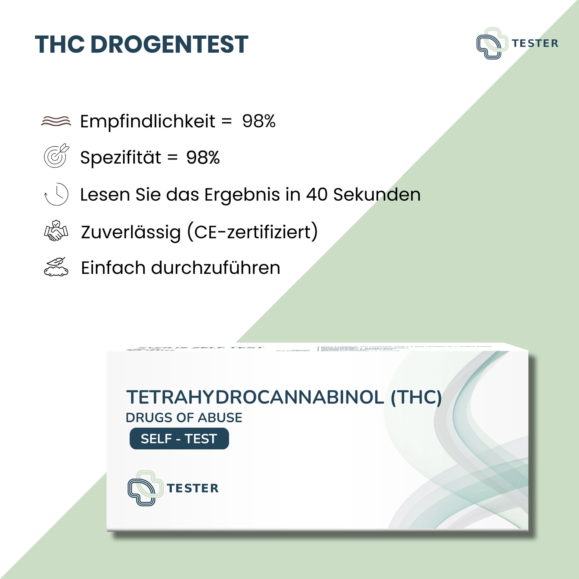 Produktverpackung mit Text "Tetrahydrocannabinol (THC)". Text: Empfindlichkeit 98%, Spezifität 98%.