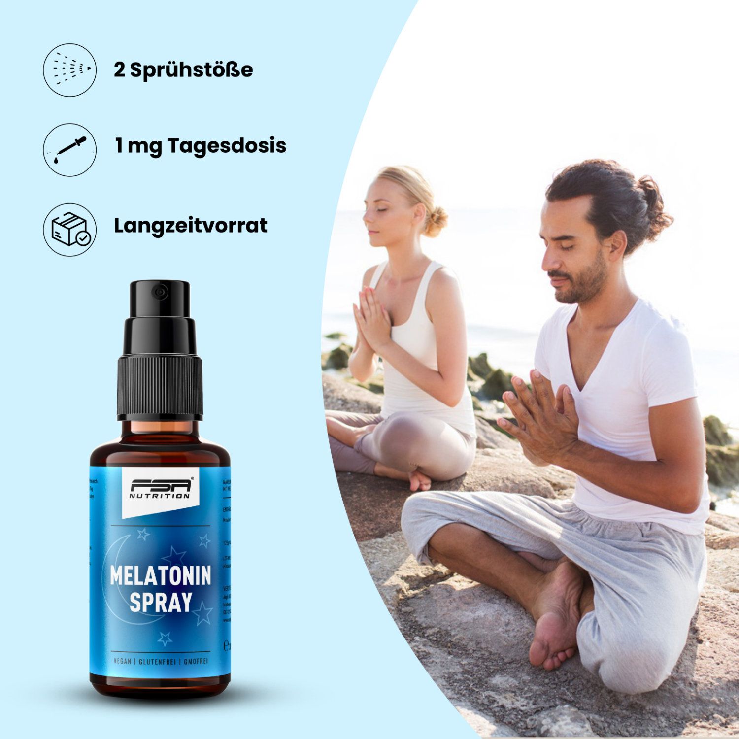 Braune Flasche mit Sprühkopf neben Personen, die meditieren. Text: 2 Sprühstöße, 1 mg Tagesdosis, Langzeitvorrat. Blaue grafische Elemente.