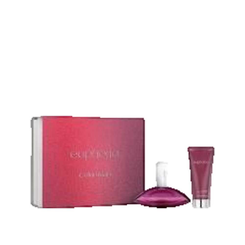 Kosmetikset mit Verpackung, Flakon und Tube. Aufschrift "Euphoria" und "Calvin Klein". Farbverlauf von Rot nach Pink.