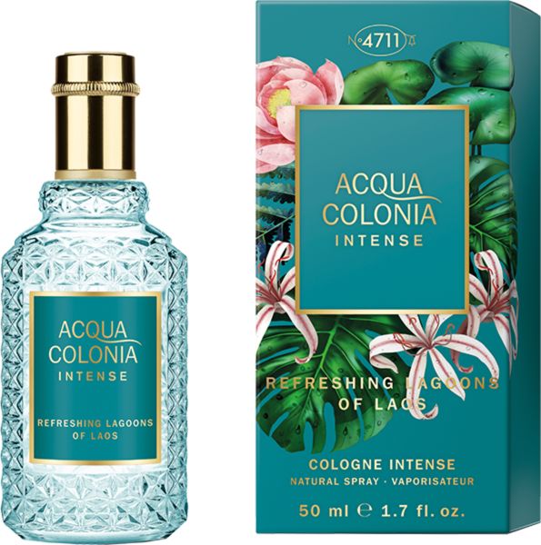 Parfümflakon und Verpackung. Flakon: hellblau, goldfarbener Verschluss. Verpackung: blaugrün, floral. Aufschrift: Acqua Colonia Intense.