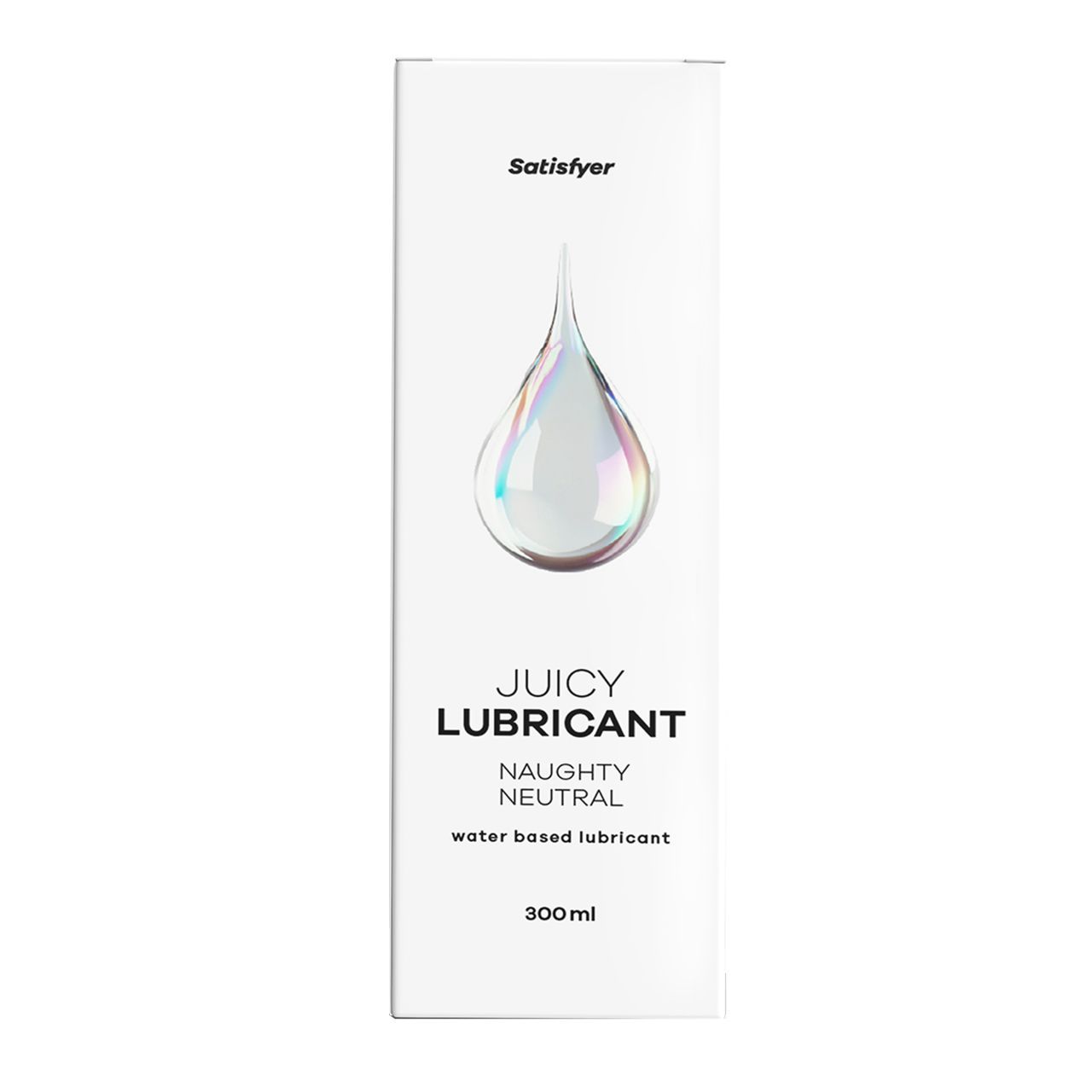 Weiße Verpackung mit Tropfen-Illustration. Schriftzug: Satisfyer, Juicy Lubricant, Naughty Neutral, wasserbasiert. Volumen: 300 ml.