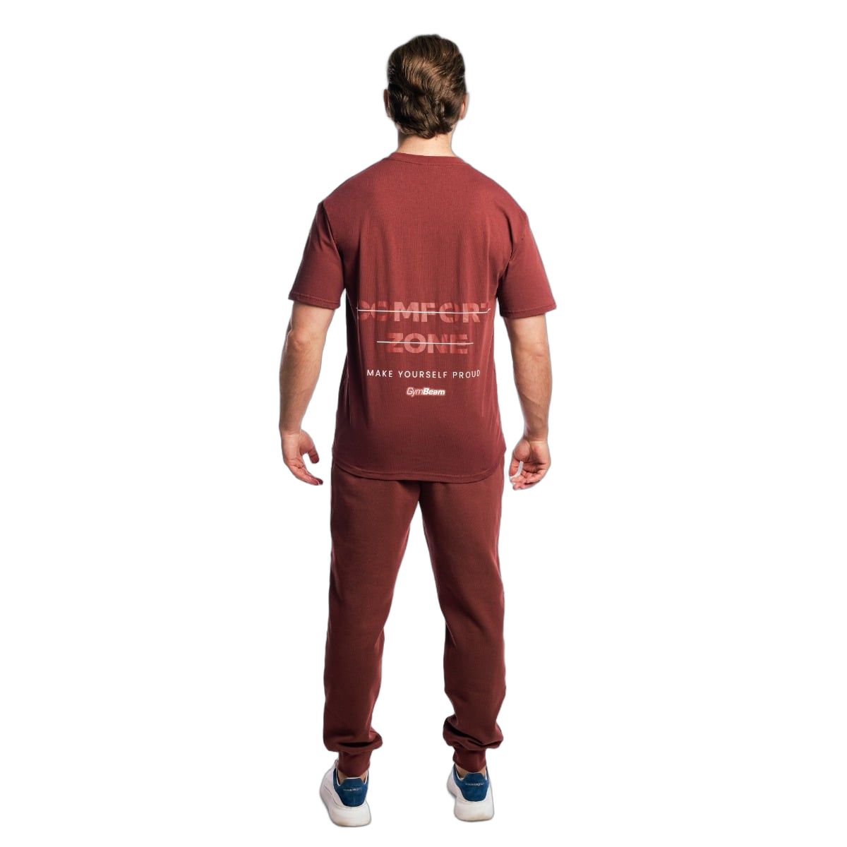 Rückansicht eines Herren T-Shirts, kurzärmelig, Oversized Fit, Cherrywood-Rot mit Print auf dem Rücken.
