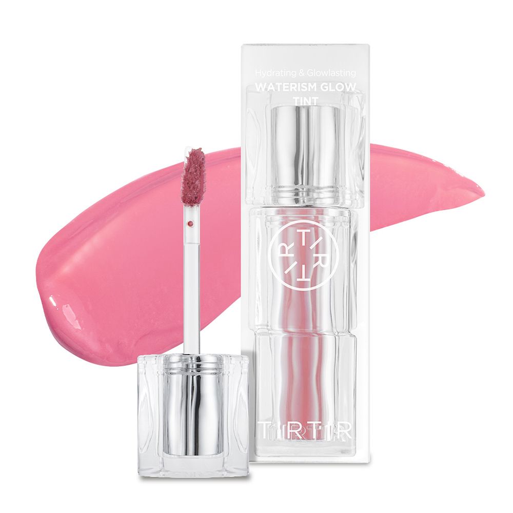 TINTIR Waterism Glow Tint mit Applikator und pinkem Gloss-Schlieren auf weißem Grund.