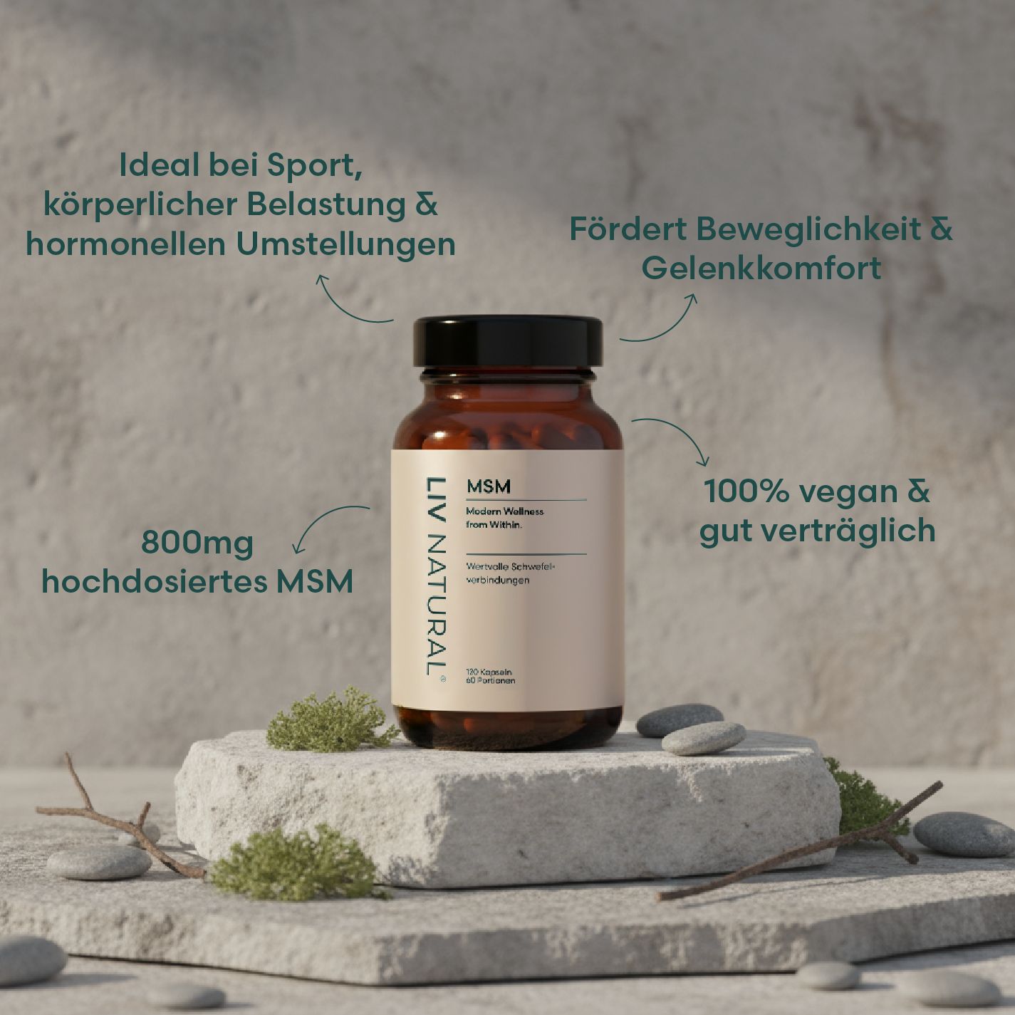 Braune Glasflasche mit Kapseln. Aufschrift: LIV NATURAL MSM. 800mg hochdosiertes MSM. 100% vegan.