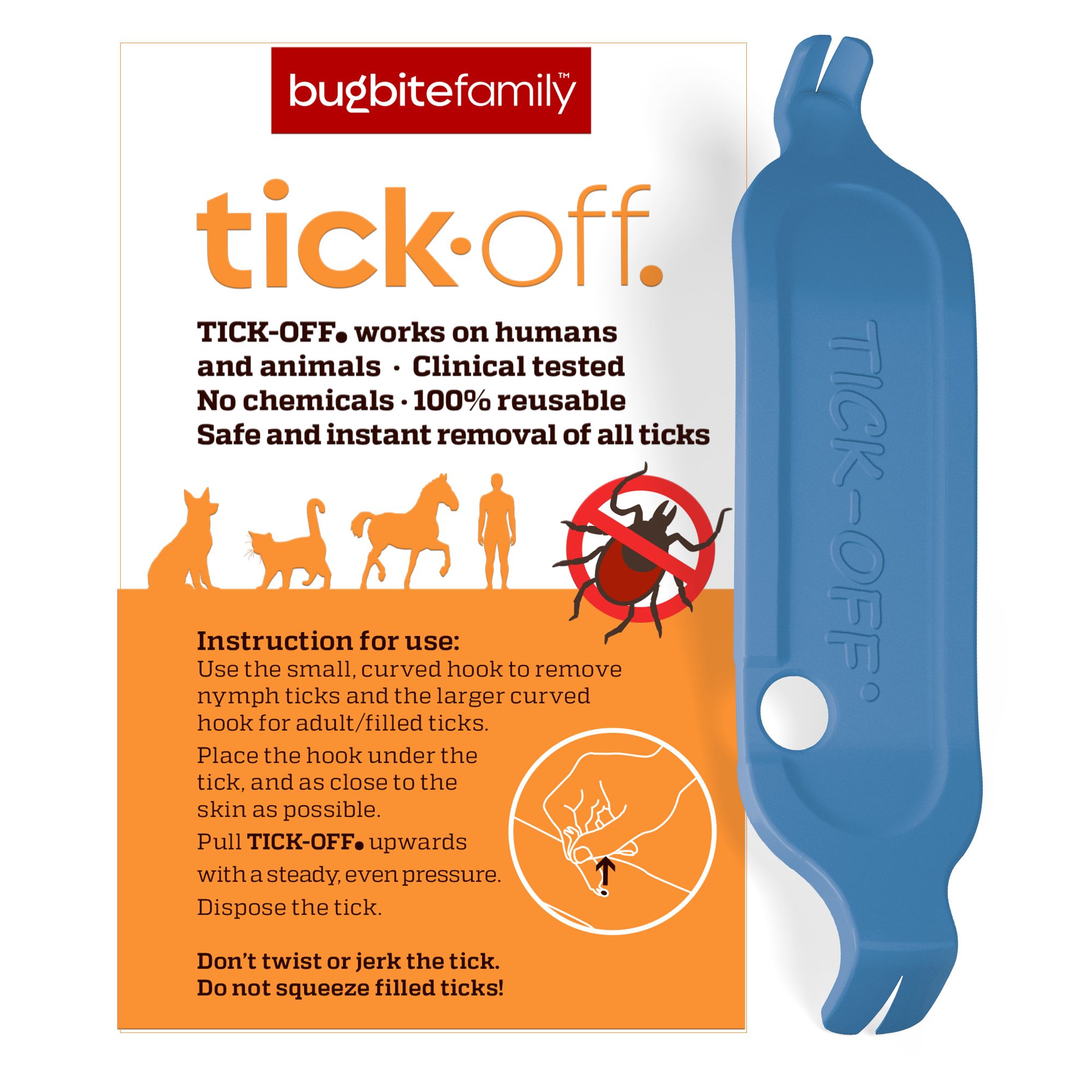 Blauer Zeckenentferner mit orangefarbener Verpackung. Text: Tick-off, bugbitefamily. Anleitung und Illustrationen. Für Mensch und Tier.