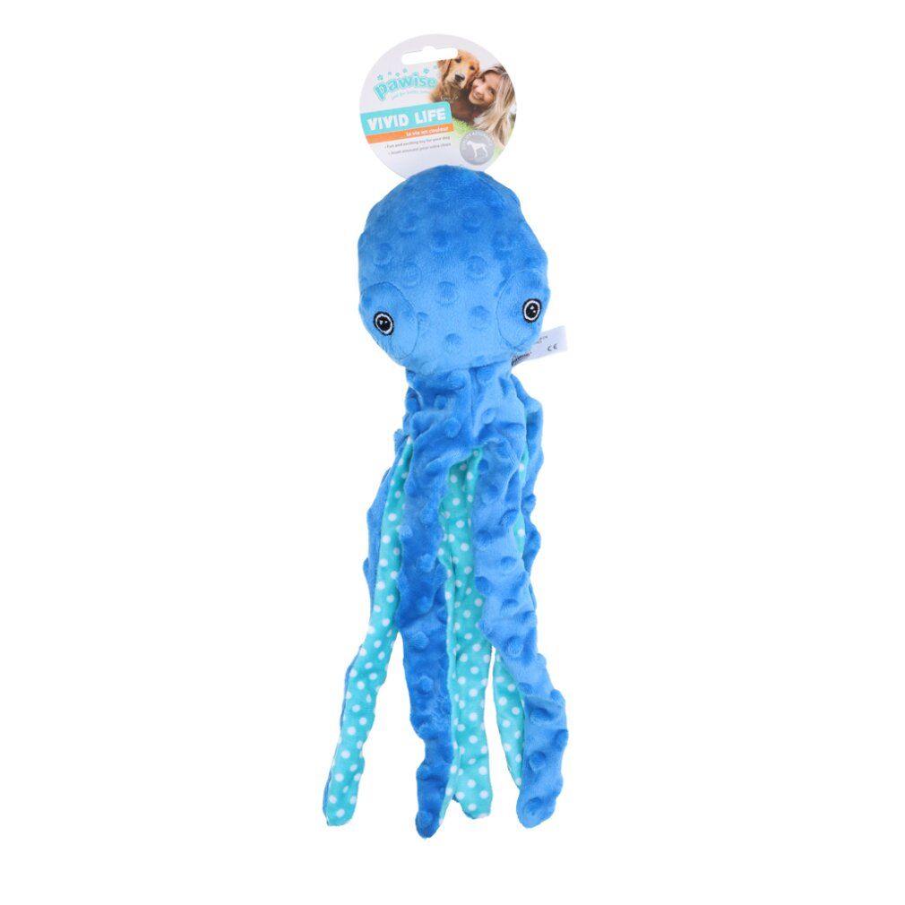 Blauer Plüsch-Oktopus mit hellblauen Punkten auf den Tentakeln. Anhänger mit Logo.