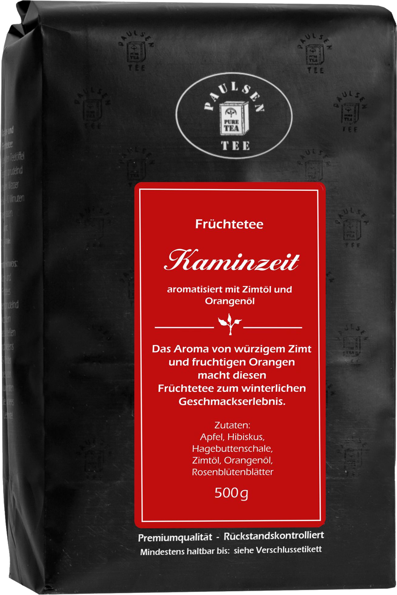 Schwarze Verpackung mit rotem Etikett. Aufschrift: Paulsen Tee, Früchtetee Kaminzeit, 500g. Zutatenliste.