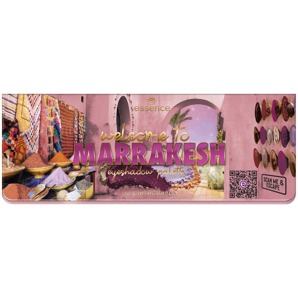 Lidschatten-Palette mit Aufschrift 'Willkommen in Marrakesch'. Rosa Verpackung mit verschiedenen Farbtönen und einem QR-Code.