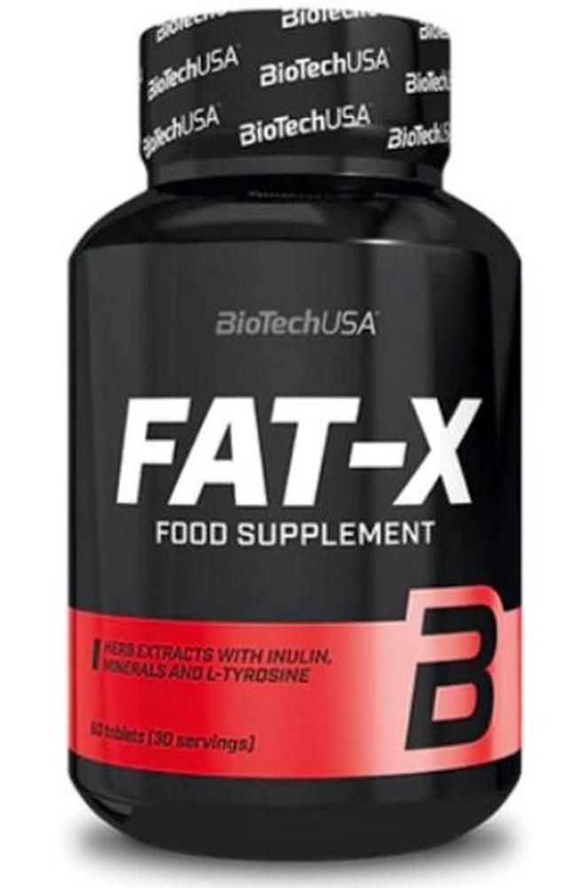 Schwarze Flasche mit weißem "FAT-X"-Schriftzug. "BioTechUSA" und "FOOD SUPPLEMENT" sind ebenfalls sichtbar. Roter Streifen mit Text.