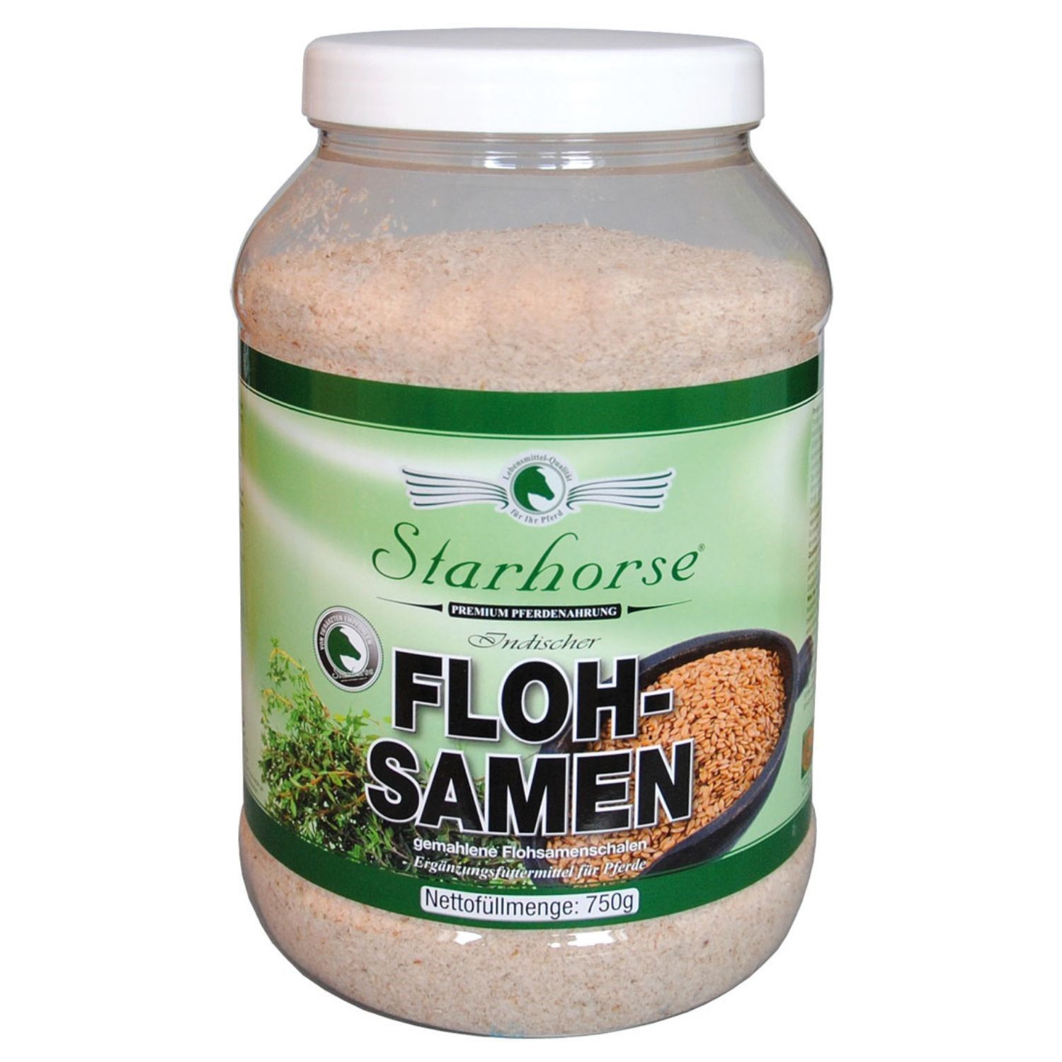 Transparente Dose mit Flohsamen. Aufschrift Starhorse, Flohsamen, Nettogewicht 750g.