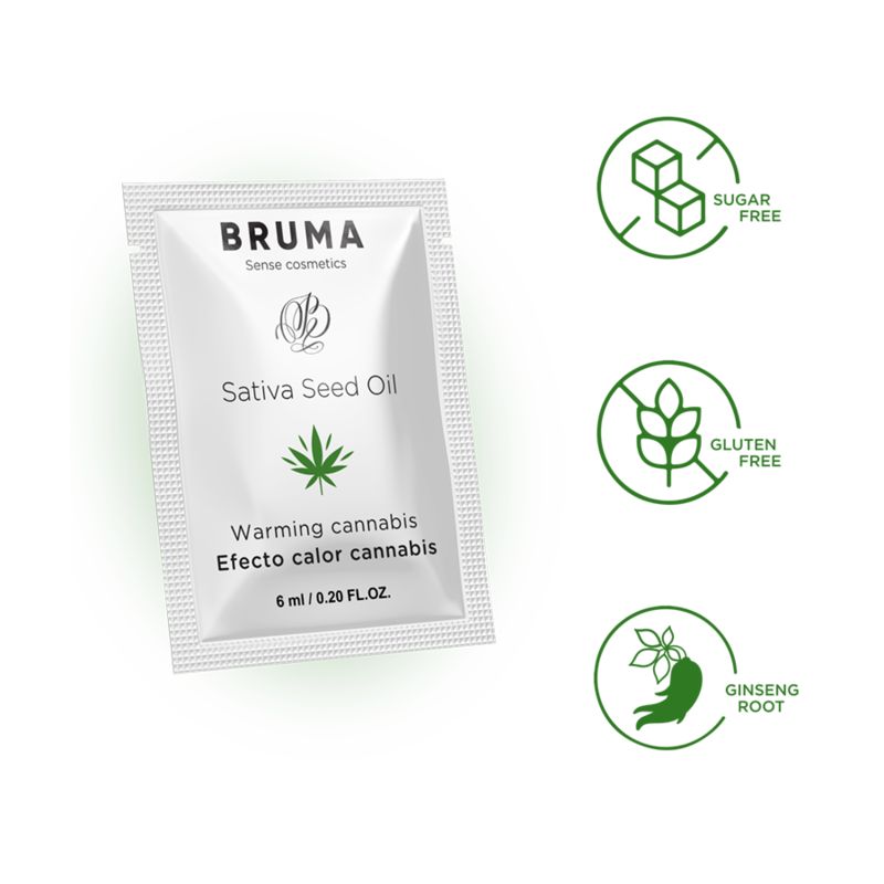 Weißer Beutel mit "Bruma", "Sativa Seed Oil", Cannabis-Blatt und "Warming cannabis". Icons: zuckerfrei, glutenfrei, Ginseng-Wurzel.